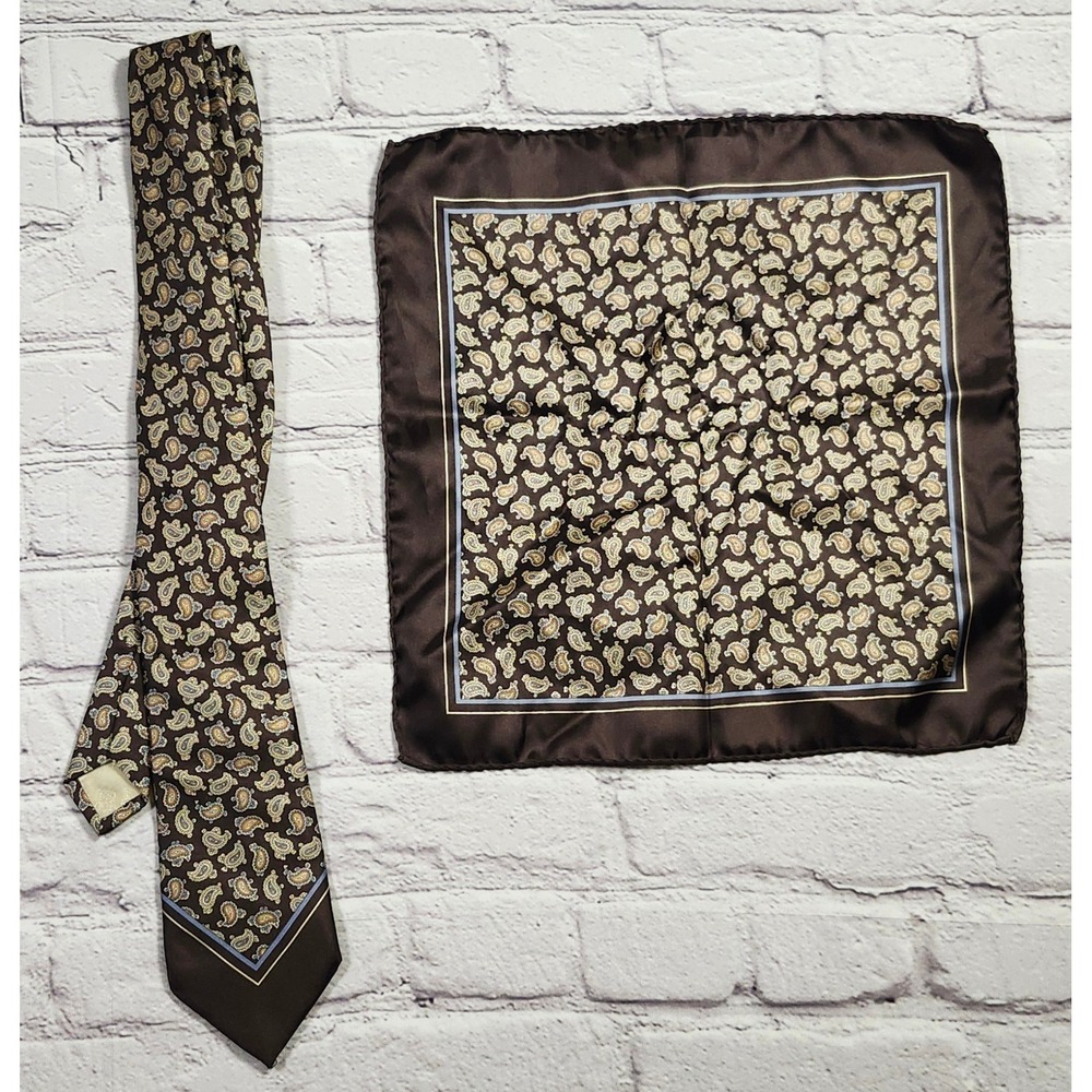 Paco Rabanne Paris Vintage Brown Paisley Silk Tie and Pocket Square Set Italy